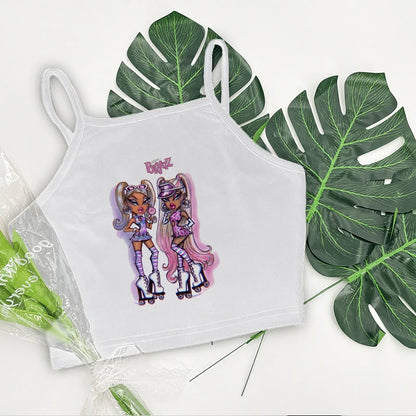 Women's Aesthetic Summer Sleeveless Corset Crop Top - Y2K Streetwear Pattern Print Tank Top in White