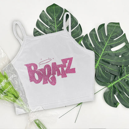 Women's Aesthetic Summer Sleeveless Corset Crop Top - Y2K Streetwear Pattern Print Tank Top in White