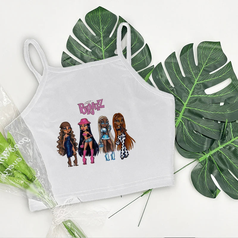 Women's Aesthetic Summer Sleeveless Corset Crop Top - Y2K Streetwear Pattern Print Tank Top in White