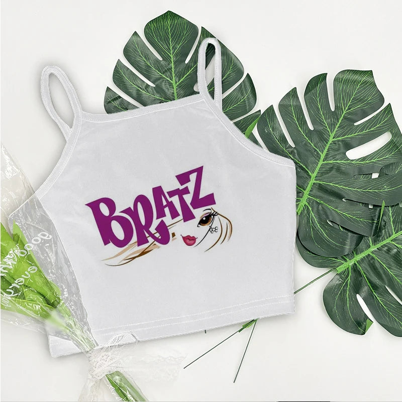 Women's Aesthetic Summer Sleeveless Corset Crop Top - Y2K Streetwear Pattern Print Tank Top in White