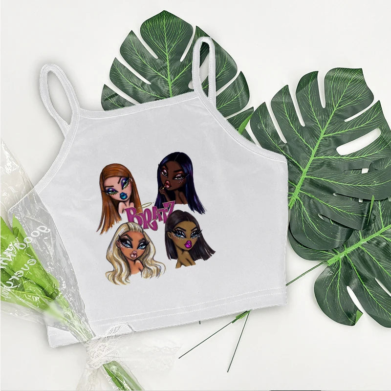 Women's Aesthetic Summer Sleeveless Corset Crop Top - Y2K Streetwear Pattern Print Tank Top in White