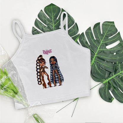 Women's Aesthetic Summer Sleeveless Corset Crop Top - Y2K Streetwear Pattern Print Tank Top in White