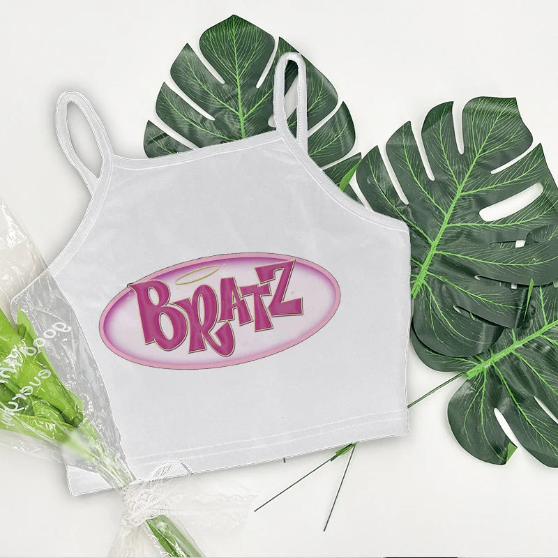 Women's Aesthetic Summer Sleeveless Corset Crop Top - Y2K Streetwear Pattern Print Tank Top in White