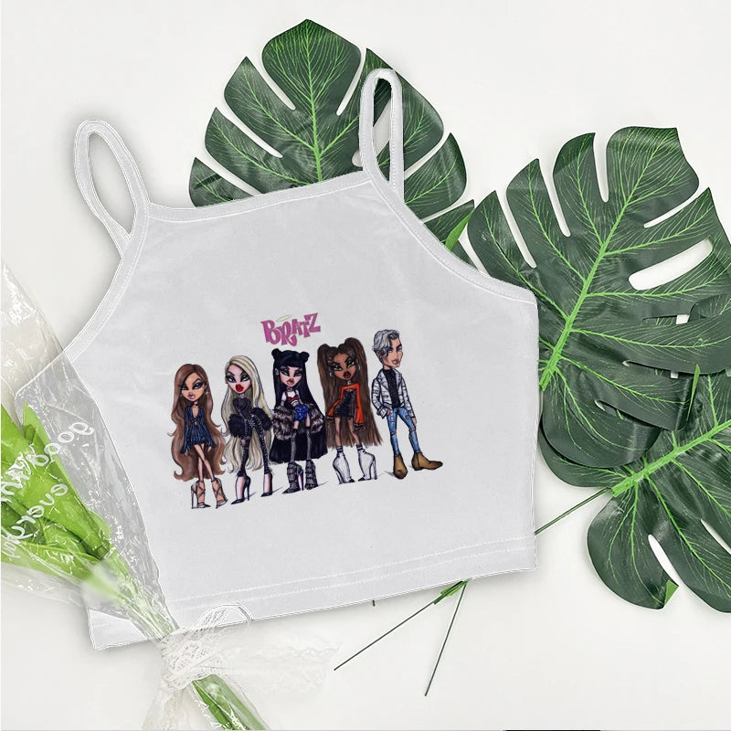 Women's Aesthetic Summer Sleeveless Corset Crop Top - Y2K Streetwear Pattern Print Tank Top in White