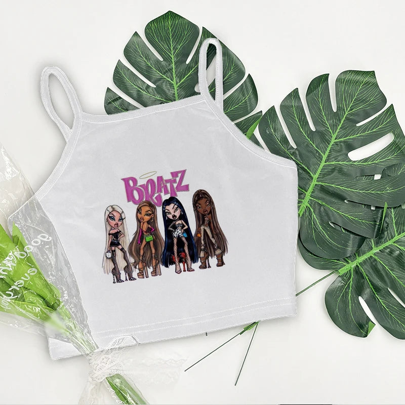 Women's Aesthetic Summer Sleeveless Corset Crop Top - Y2K Streetwear Pattern Print Tank Top in White