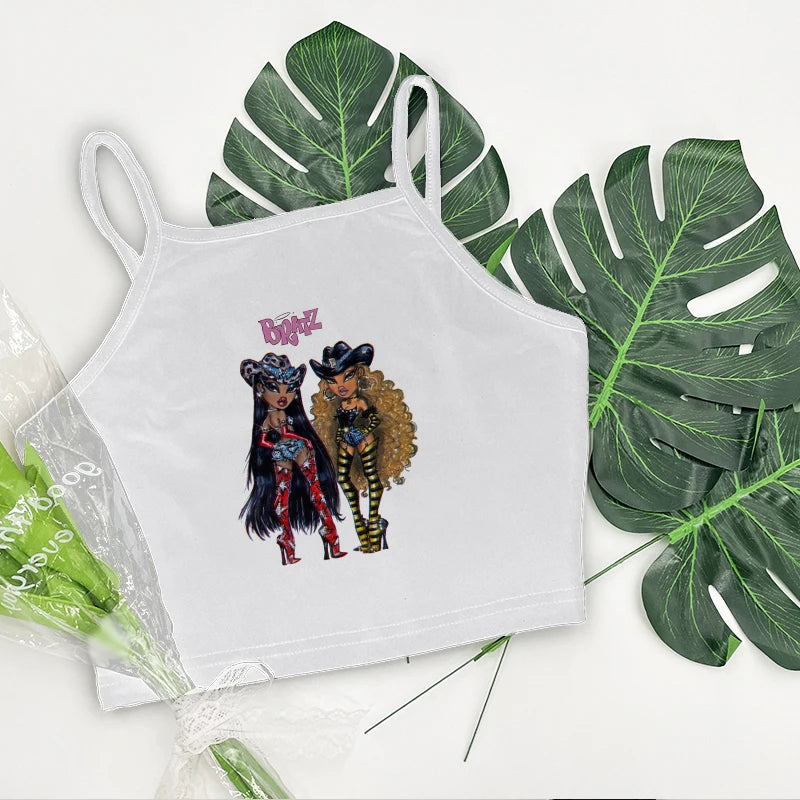 Women's Aesthetic Summer Sleeveless Corset Crop Top - Y2K Streetwear Pattern Print Tank Top in White