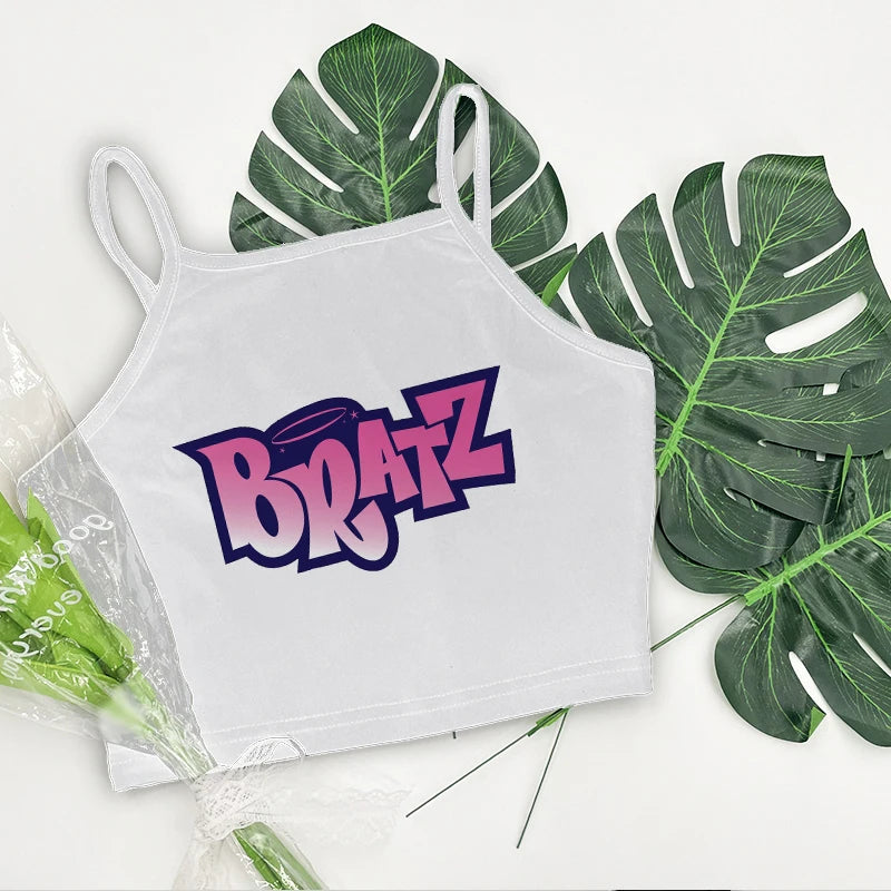 Women's Aesthetic Summer Sleeveless Corset Crop Top - Y2K Streetwear Pattern Print Tank Top in White